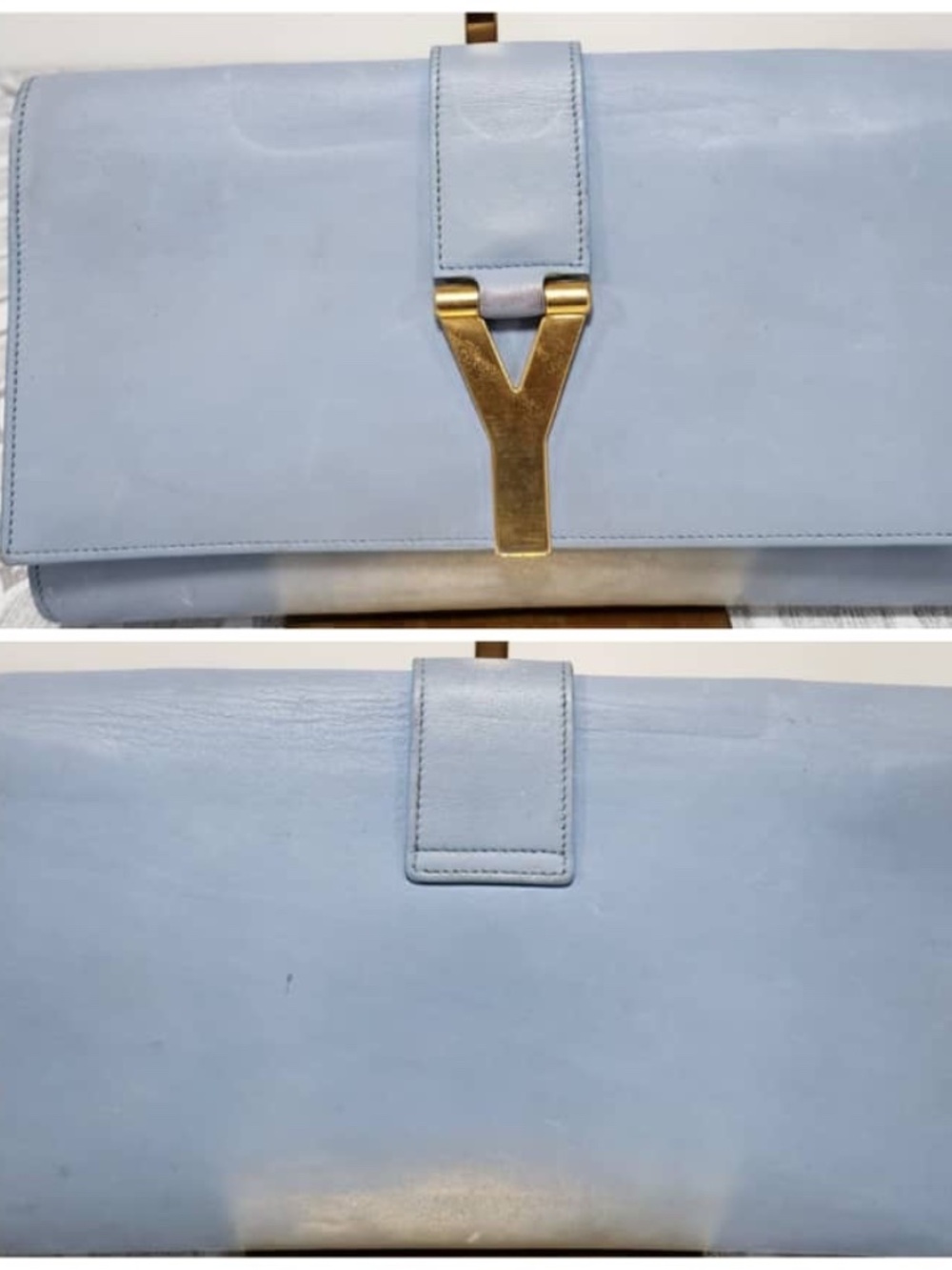 Authentic YVES SAINT LAURENT Calfskin Leather Ligne Y Clutch Bag Blue - Picture 13 of 15